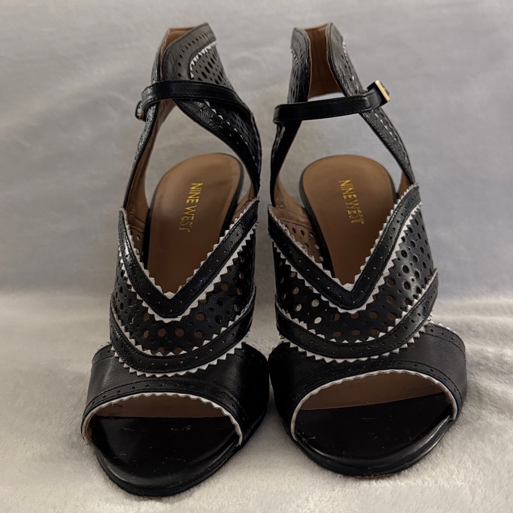 Nine West Black and White Perforated Peep Toe Heels